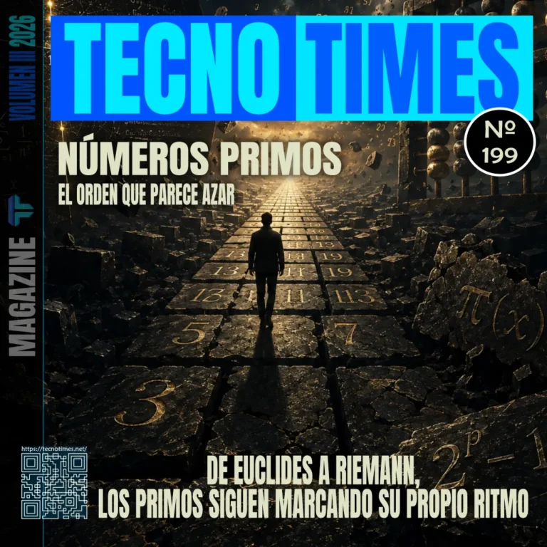 Portada del artículo 199 de TecnoTimes sobre los números primos, con una figura caminando por un sendero de losas numeradas entre ruinas matemáticas, fórmulas y símbolos relacionados con la distribución imprevisible de los primos.