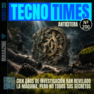 Portada Nº 200 de TecnoTimes sobre el mecanismo de Anticitera, con el artefacto de bronce y sus engranajes en el fondo marino entre restos arqueológicos
