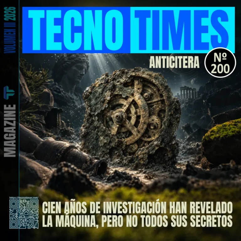 Portada Nº 200 de TecnoTimes sobre el mecanismo de Anticitera, con el artefacto de bronce y sus engranajes en el fondo marino entre restos arqueológicos