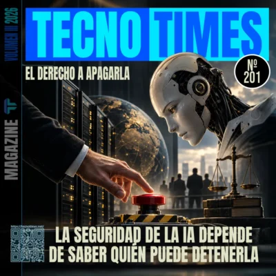 Portada de TecnoTimes Nº 201 con un robot humanoide observando un botón rojo de apagado, una mano humana a punto de pulsarlo, servidores, una red global y una balanza como símbolo de control, seguridad y responsabilidad en inteligencia artificial