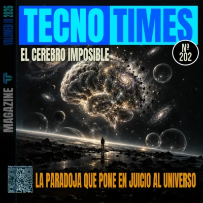 Portada de TecnoTimes Nº 202 con un cerebro cósmico flotando entre galaxias, planetas y fragmentos estelares, bajo el título El cerebro imposible.