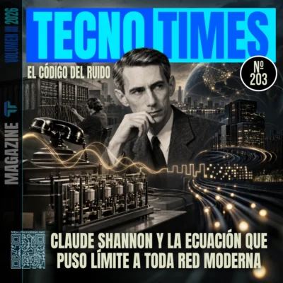 Portada del artículo Nº 203 de TecnoTimes dedicada a Claude Shannon, con una composición visual sobre la teoría de la información, el ruido, los bits, los laboratorios Bell y las redes modernas.