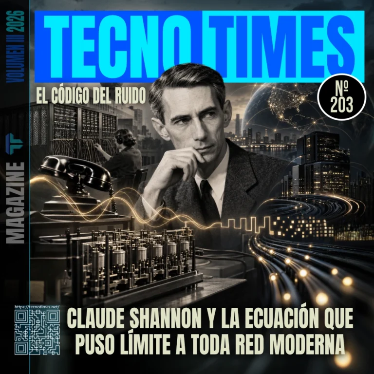 Portada del artículo Nº 203 de TecnoTimes dedicada a Claude Shannon, con una composición visual sobre la teoría de la información, el ruido, los bits, los laboratorios Bell y las redes modernas.