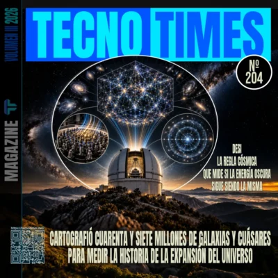 Portada del artículo Nº 204 de TecnoTimes dedicada a DESI y la energía oscura, con una composición visual sobre el telescopio Mayall de Kitt Peak, el plano focal de fibras ópticas robóticas, el mapa tridimensional de galaxias y la expansión acelerada del universo.