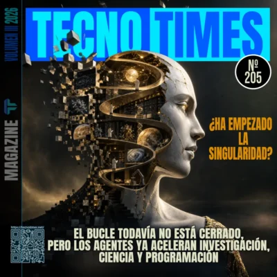 Portada del artículo Nº 205 de TecnoTimes dedicada al avance de los agentes de inteligencia artificial, con una figura humanoide abierta que muestra en su interior laboratorios, redes, sistemas informáticos, estructuras científicas y procesos de investigación automatizada.