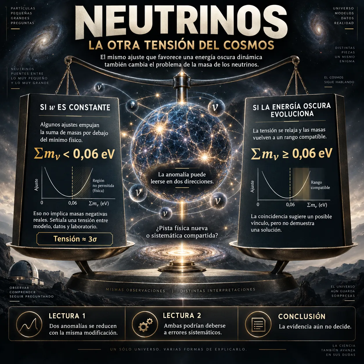 La anomalía de la masa de los neutrinos Infografía sobre la tensión entre la cota cosmológica de la masa de los neutrinos y el suelo medido por los experimentos de oscilación, y su relación con la energía oscura dinámica