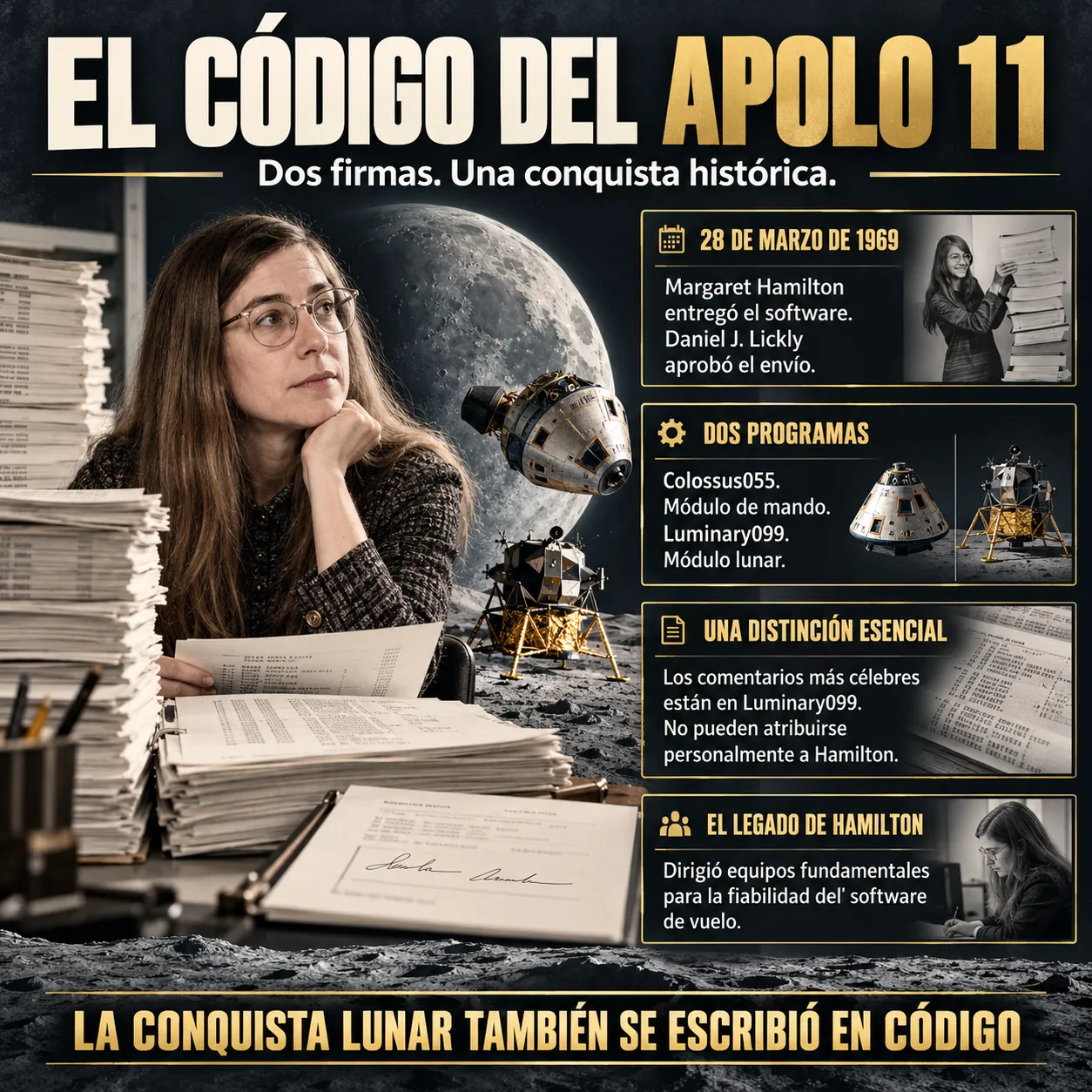 El código del Apolo 11 Infografía sobre el software del Apolo 11 y la contribución de Margaret Hamilton, con las firmas de entrega y aprobación del 28 de marzo de 1969, las diferencias entre Colossus055 y Luminary099, la autoría no demostrada de los comentarios más conocidos y el legado de Hamilton en la ingeniería del software de vuelo.