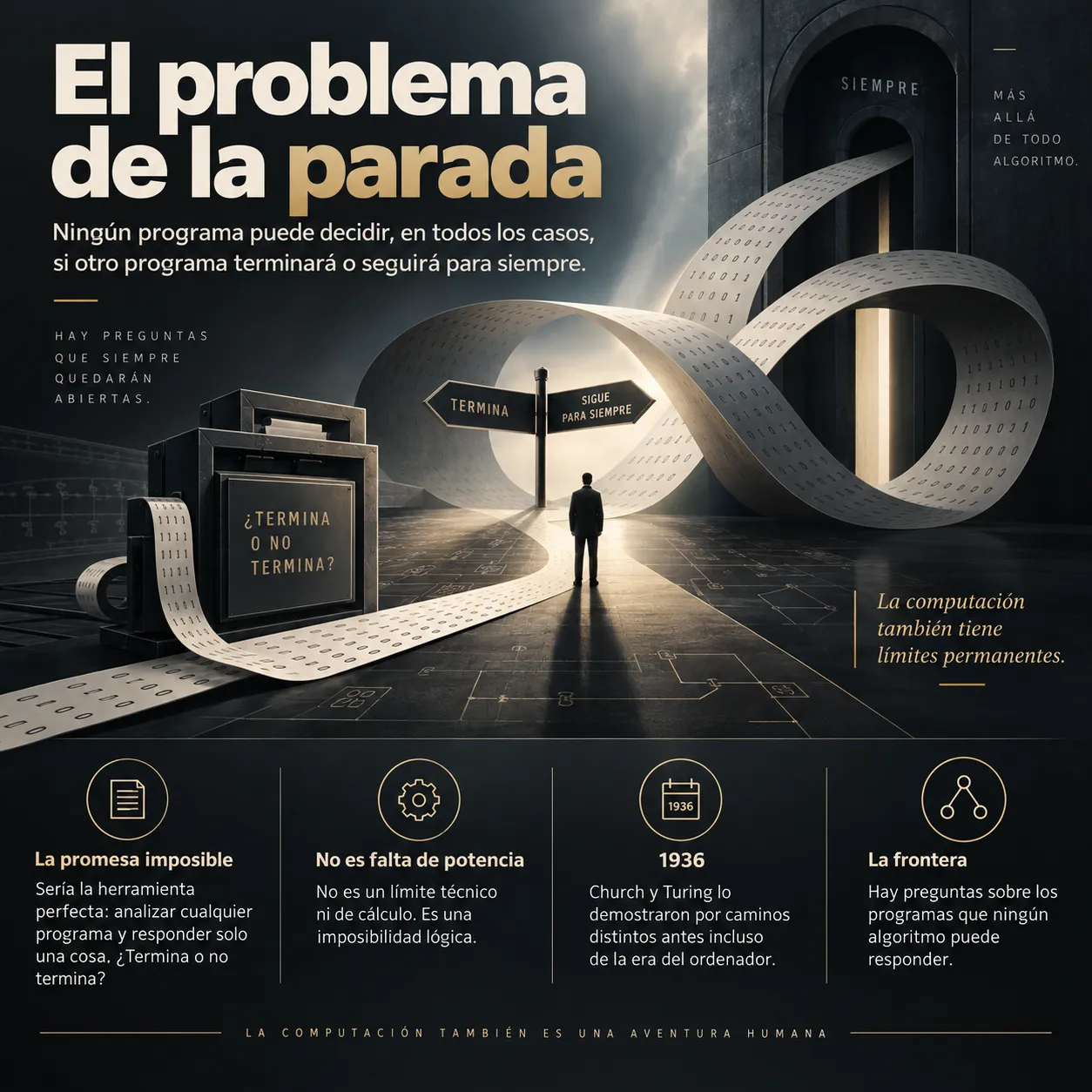 El problema de la parada Infografía sobre el problema de la parada, la imposibilidad de un programa que decida si otro programa terminará y la contradicción lógica que genera suponer que existe