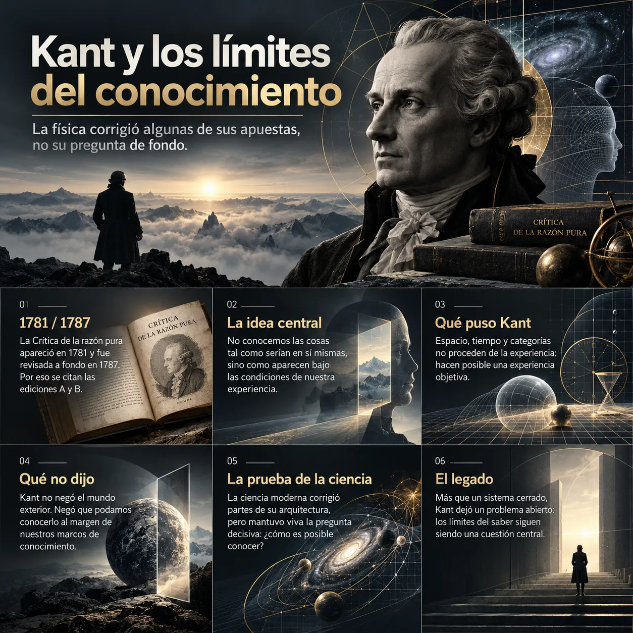 Infografía sobre la Crítica de la razón pura de Kant, sus ediciones de 1781 y 1787, el idealismo trascendental, las condiciones del conocimiento y la revisión de sus planteamientos por la ciencia moderna.