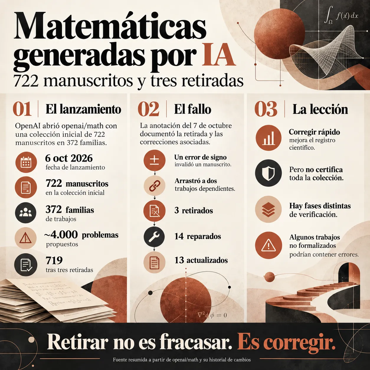 Infografía titulada Matemáticas generadas por IA, 722 manuscritos y tres retiradas, que presenta el lanzamiento de openai/math el 6 de octubre de 2026 con 722 manuscritos en 372 familias y unos 4.000 problemas propuestos. Explica que un error de signo provocó la retirada de un manuscrito y de otros dos trabajos dependientes el 7 de octubre, muestra 14 trabajos reparados y 13 actualizados, y distingue la corrección del registro de la certificación científica de toda la colección