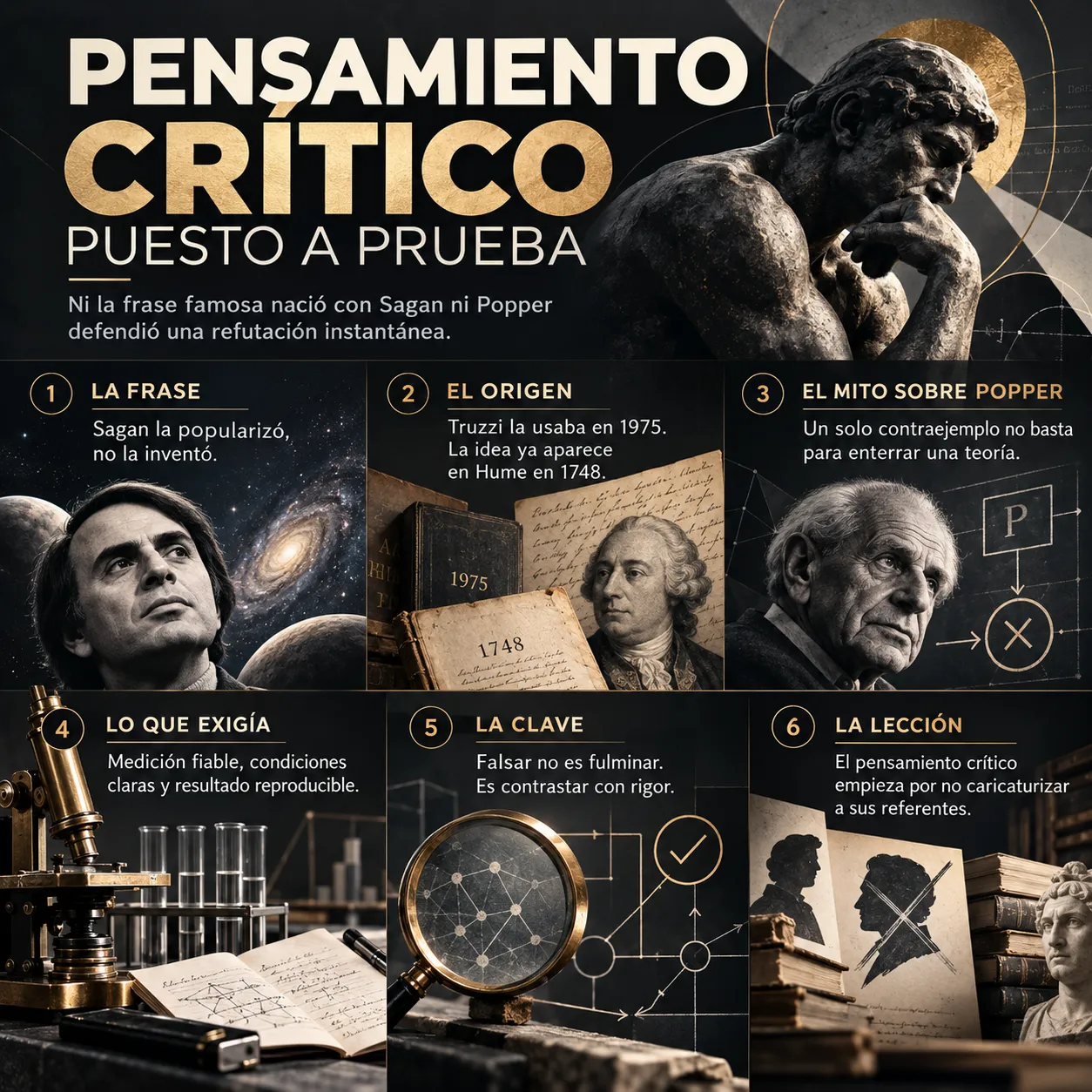 Pensamiento crítico puesto a prueba Infografía sobre los mitos del pensamiento crítico científico, el origen histórico de la frase popularizada por Carl Sagan, sus antecedentes en Hume y Truzzi y la interpretación incorrecta de la falsación de Karl Popper