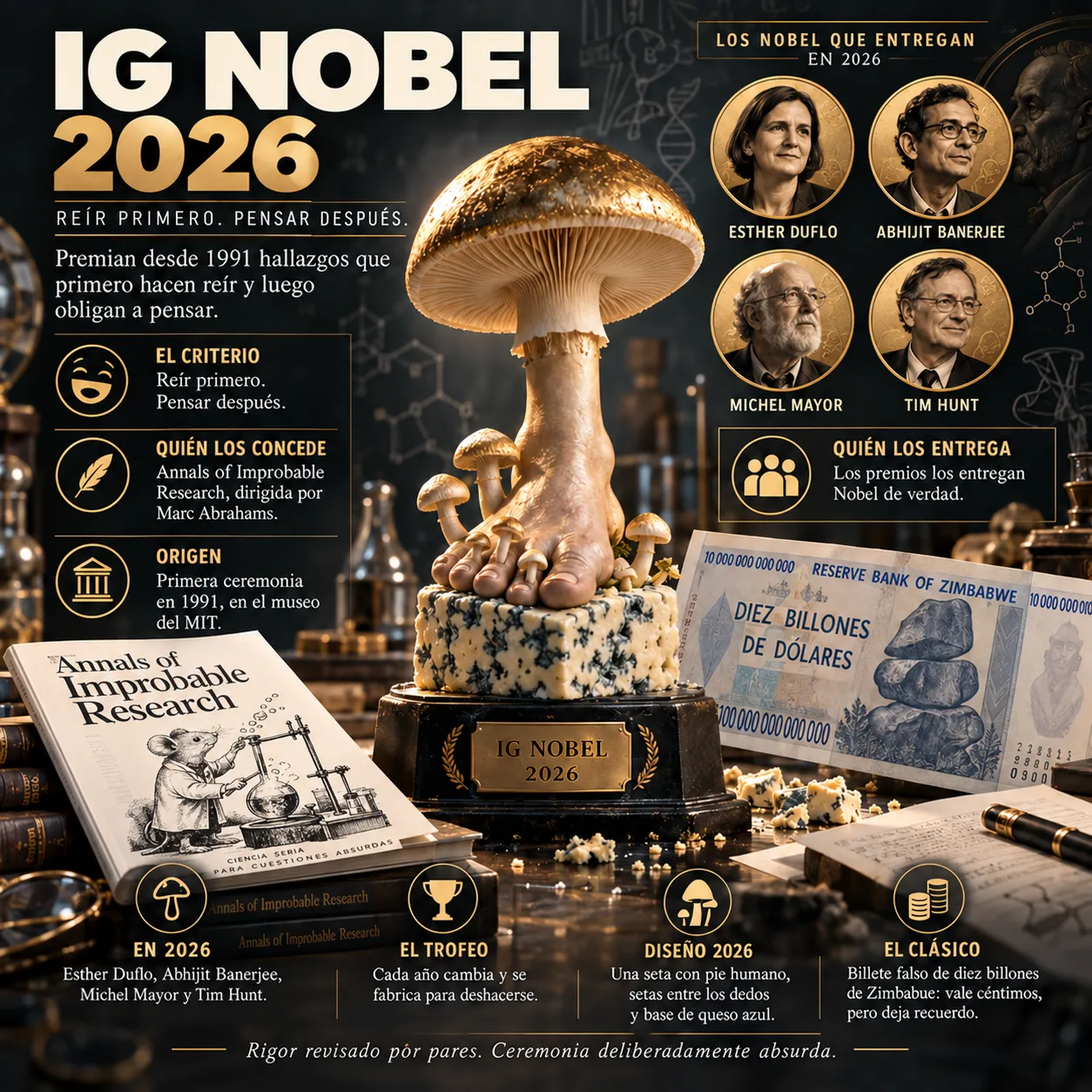 Cómo funcionan los Ig Nobel Infografía sobre el funcionamiento de los premios Ig Nobel, la revista Annals of Improbable Research, el criterio de hacer reír y después pensar, los Nobel auténticos que los entregan y el trofeo con forma de seta de 2026