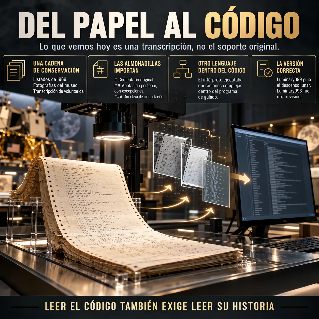 Del papel al código del Apolo 11 Infografía sobre la conservación del código del Apolo 11, desde los listados impresos de 1969 hasta su digitalización y transcripción, con la distinción entre comentarios originales, anotaciones posteriores y directivas de maquetación, el uso de instrucciones interpretadas y las diferencias entre Luminary098 y Luminary099.