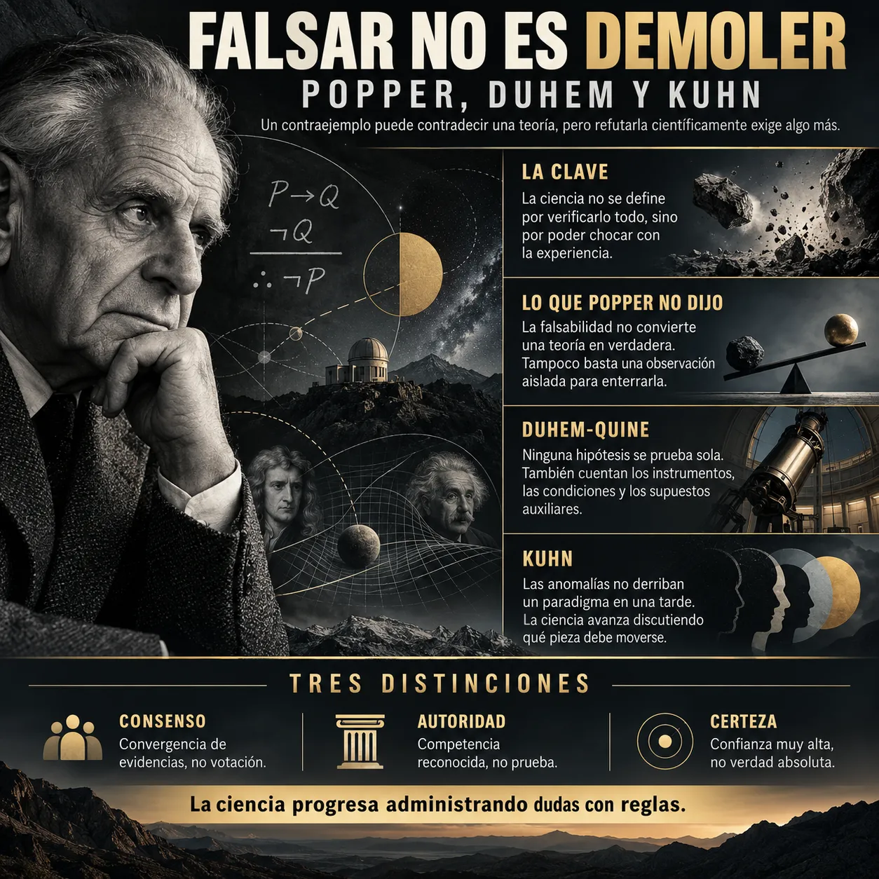 Falsar no es demoler Infografía sobre la falsabilidad de Karl Popper, el problema de las hipótesis auxiliares de Duhem y Quine, los paradigmas científicos de Thomas Kuhn y las diferencias entre consenso, autoridad y certeza científica