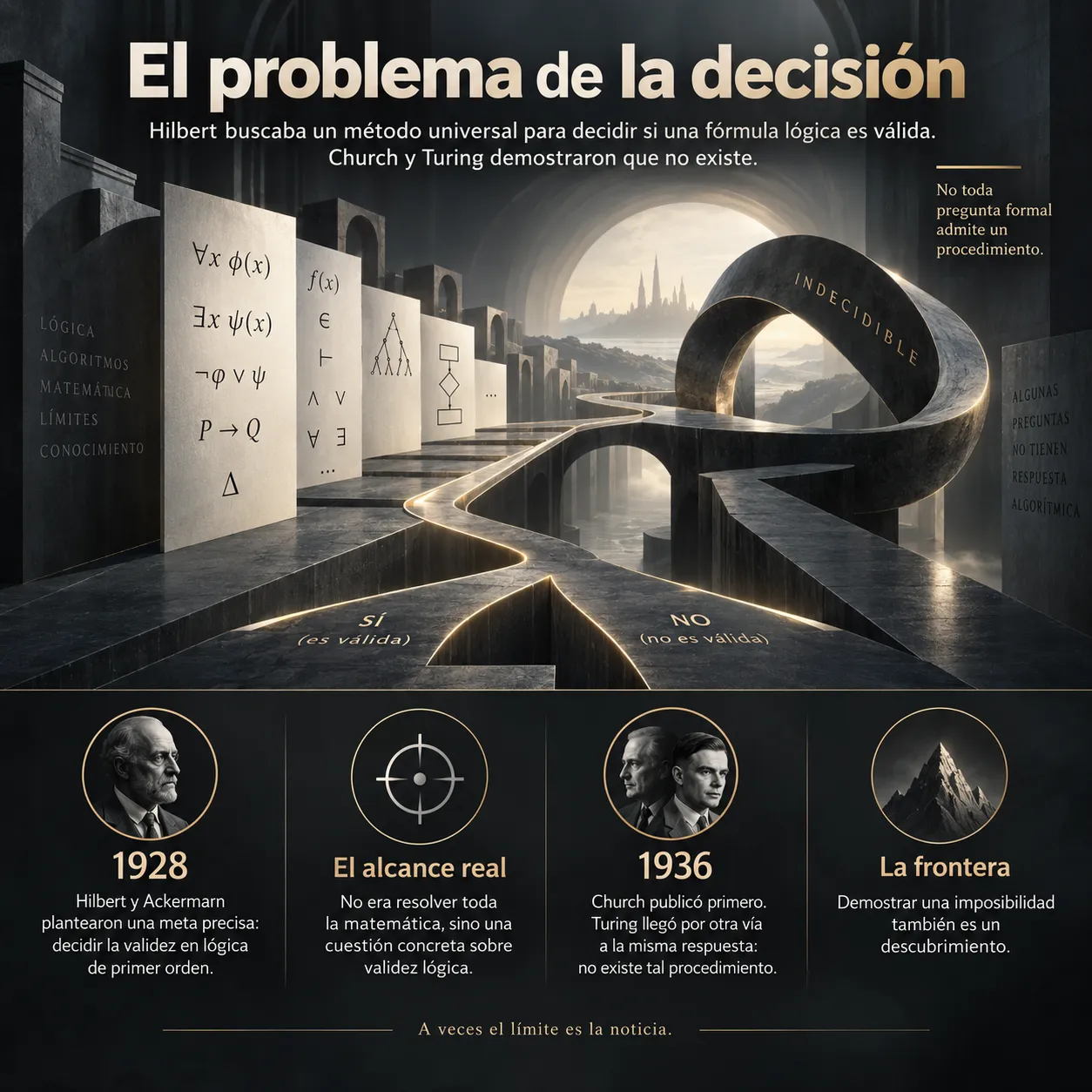 De Hilbert a Church y Turing Infografía sobre el Entscheidungsproblem planteado por Hilbert y Ackermann en 1928, los teoremas de incompletitud de Gödel de 1931 y las respuestas independientes de Church y Turing en 1936