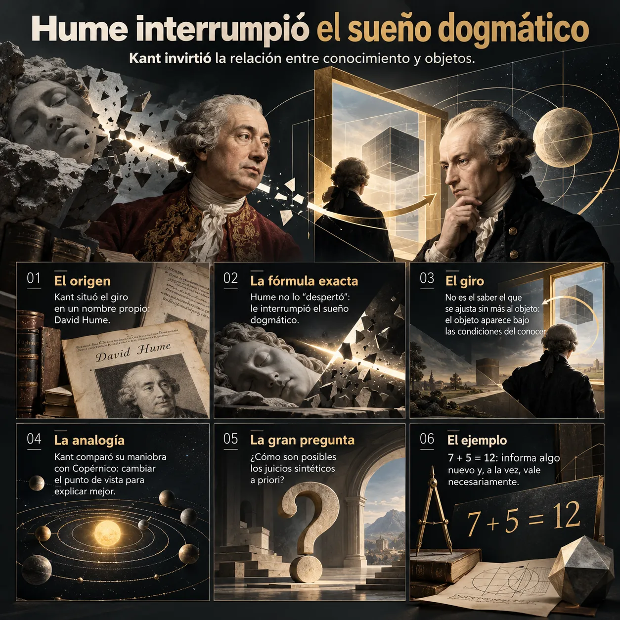 Infografía sobre la influencia de David Hume en Kant, la interrupción del sueño dogmático, la inversión entre conocimiento y objetos, la analogía con Copérnico y los juicios sintéticos a priori ejemplificados por 7 + 5 = 12.