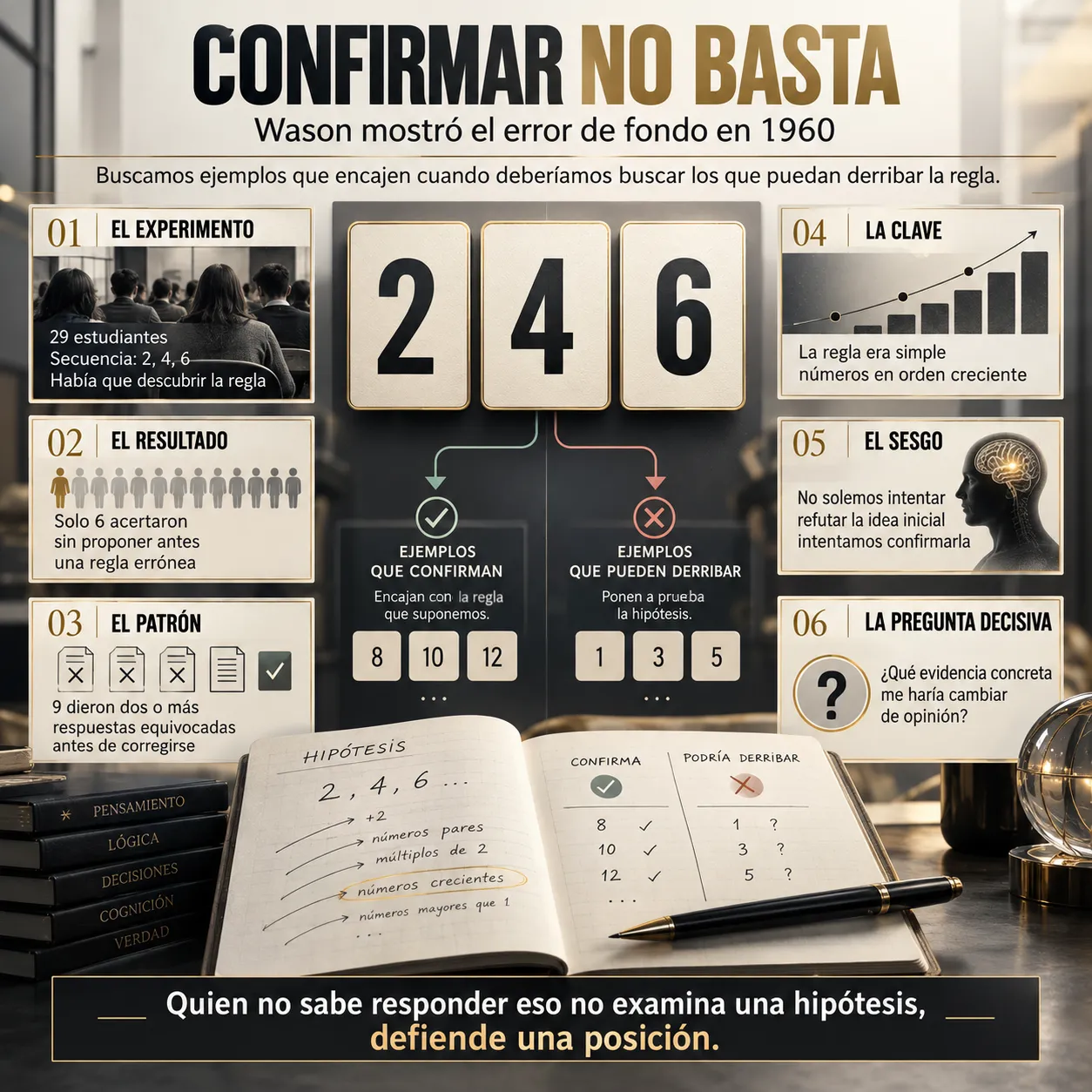 Confirmar no basta, el experimento de Wason Infografía sobre el experimento de Peter Wason de 1960 con la secuencia 2, 4, 6, los resultados de sus 29 participantes, el sesgo de confirmación y la importancia de buscar pruebas que puedan refutar nuestras hipótesis