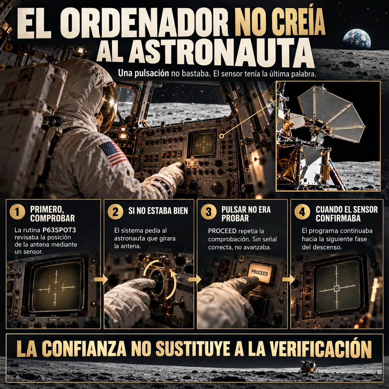 El ordenador no creía al astronauta Infografía sobre la rutina P63SPOT3 del ordenador de guiado del Apolo 11, que comprobaba mediante un sensor la posición de la antena del radar de aterrizaje, solicitaba su corrección al astronauta y repetía la verificación después de pulsar PROCEED antes de permitir que el programa continuara.