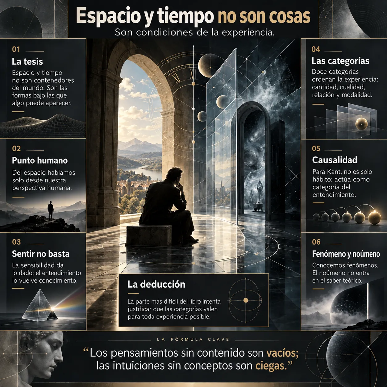 Infografía sobre el espacio y el tiempo como formas de la sensibilidad en Kant, las doce categorías del entendimiento, la causalidad, la deducción trascendental y la distinción entre fenómeno y noúmeno.
