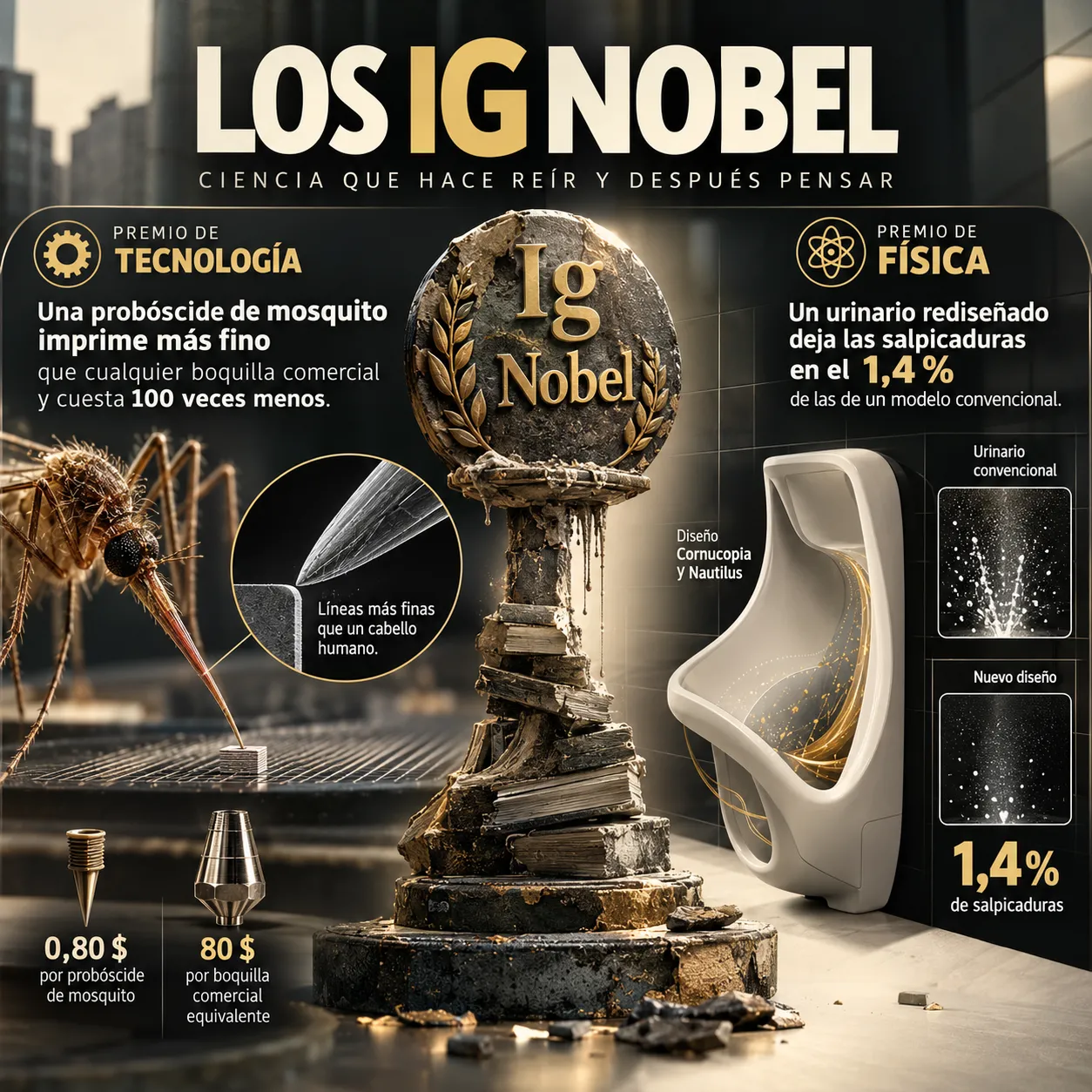 Tecnología y física en los Ig Nobel 2026 Infografía sobre los premios Ig Nobel de Tecnología y Física de 2026, con probóscides de mosquito usadas como boquillas de impresión 3D y un urinario diseñado para reducir las salpicaduras al 1,4 por ciento