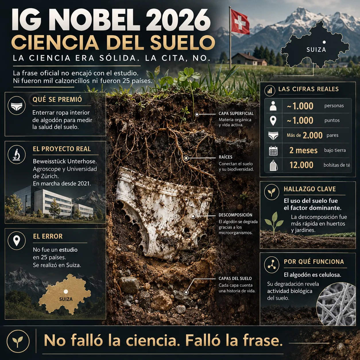 Ciencia del suelo: la cita no cuadra Infografía sobre el premio Ig Nobel de Ciencia del Suelo de 2026, el experimento suizo con calzoncillos enterrados y las diferencias entre los datos reales y la cita oficial del premio