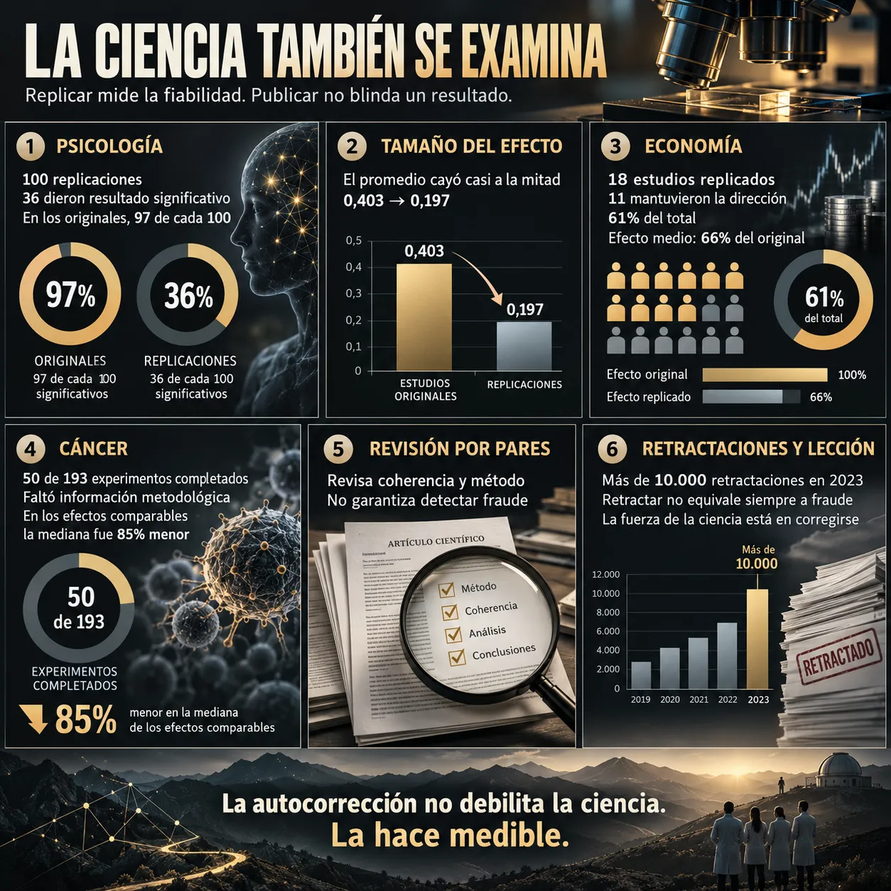La ciencia también se examina Infografía sobre la crisis de reproducibilidad científica, con las cifras de replicación en psicología, economía y biología del cáncer, la reducción de los tamaños del efecto, las limitaciones de la revisión por pares y las retractaciones de 2023