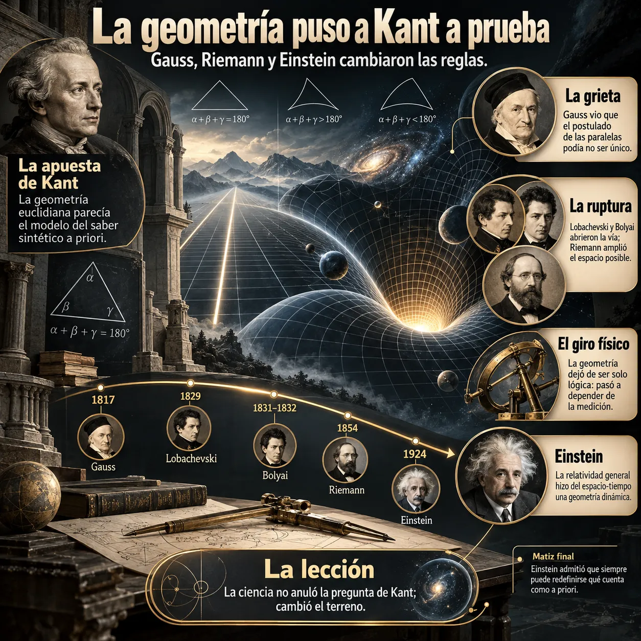 Infografía sobre la revisión de la geometría euclidiana defendida por Kant, los avances de Gauss, Lobachevski, Bolyai y Riemann, las geometrías no euclidianas y la relatividad general de Einstein como desafío al espacio euclidiano a priori.