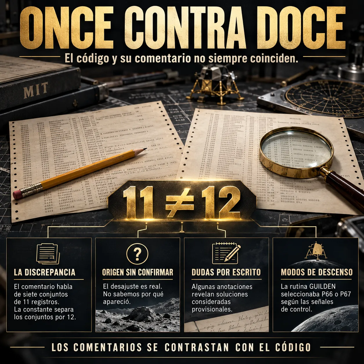 Once contra doce registros en el código Apolo Infografía sobre la discrepancia entre once registros indicados en un comentario del planificador EXECUTIVE y los doce utilizados como separación entre conjuntos, cuyo origen no está confirmado, junto con las anotaciones que reflejan incertidumbre técnica y la selección de los modos de descenso P66 y P67 mediante la rutina GUILDEN.