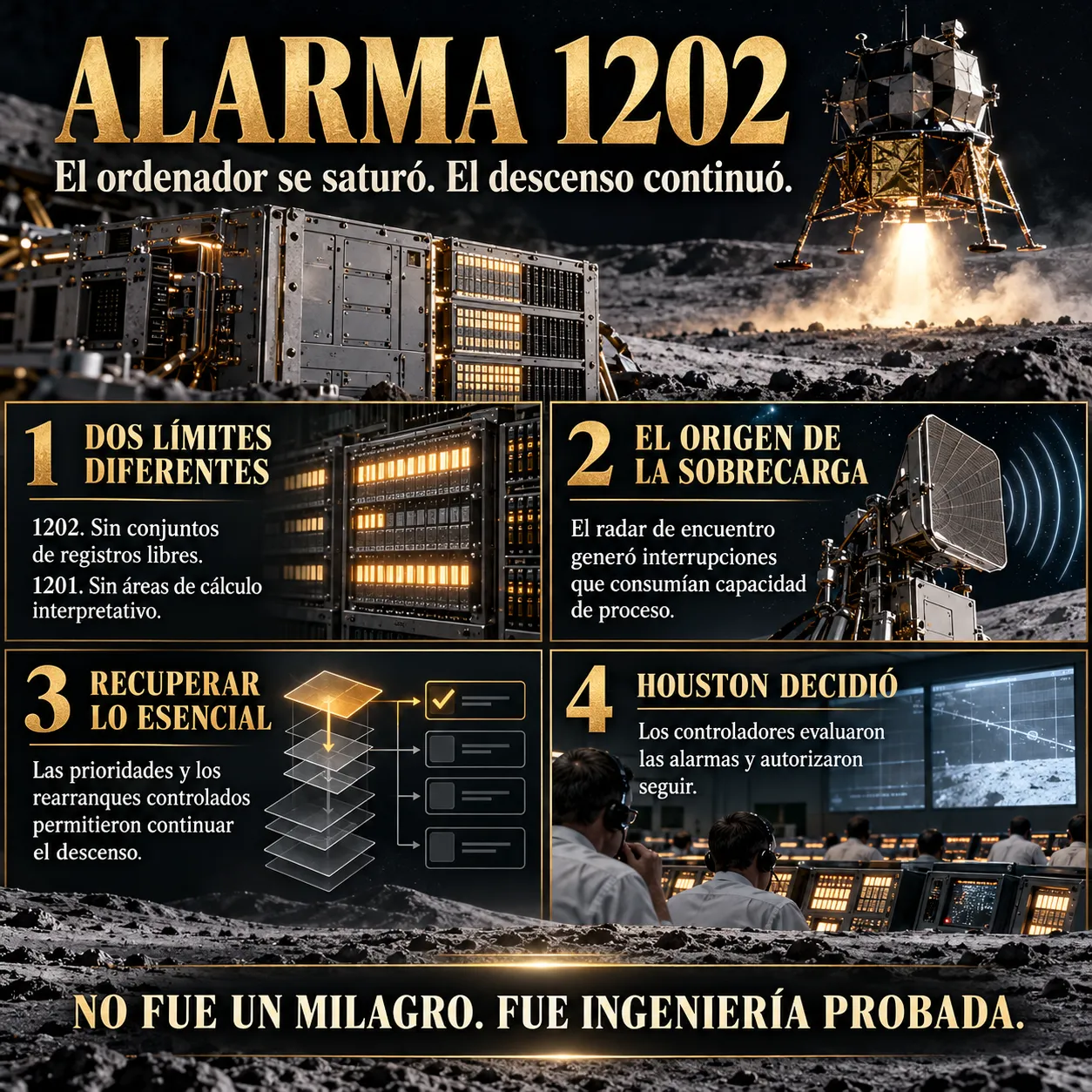 Alarma 1202 del Apolo 11 Infografía sobre las alarmas 1201 y 1202 del ordenador del Apolo 11, el agotamiento de recursos provocado por interrupciones asociadas al radar de encuentro, los mecanismos de recuperación mediante prioridades y rearranques controlados y la decisión de los controladores de Houston de continuar el descenso lunar.