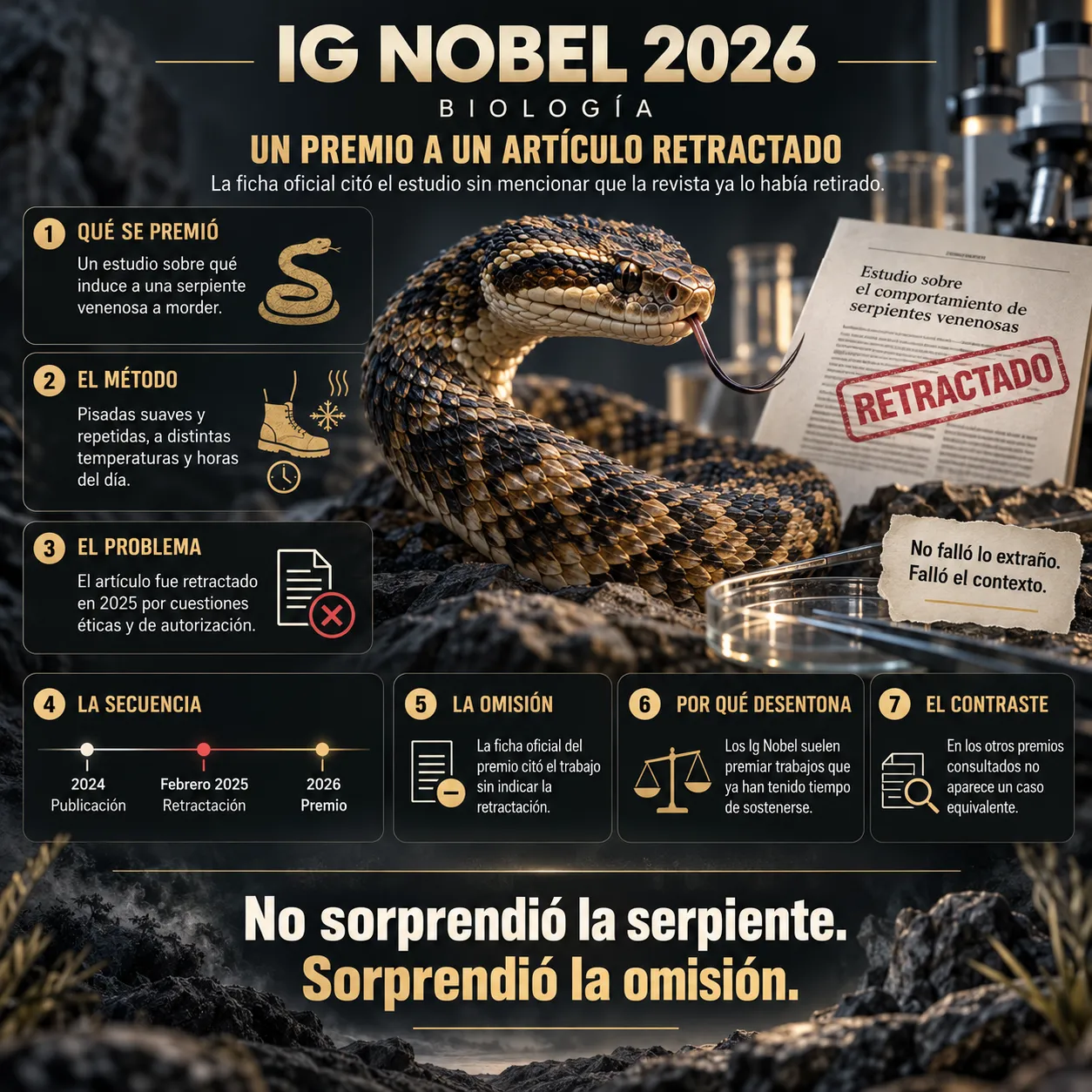 Biología: un premio a un artículo retractado Infografía sobre el premio Ig Nobel de Biología de 2026 concedido a un estudio sobre serpientes que había sido retractado en 2025 por problemas éticos y de autorización