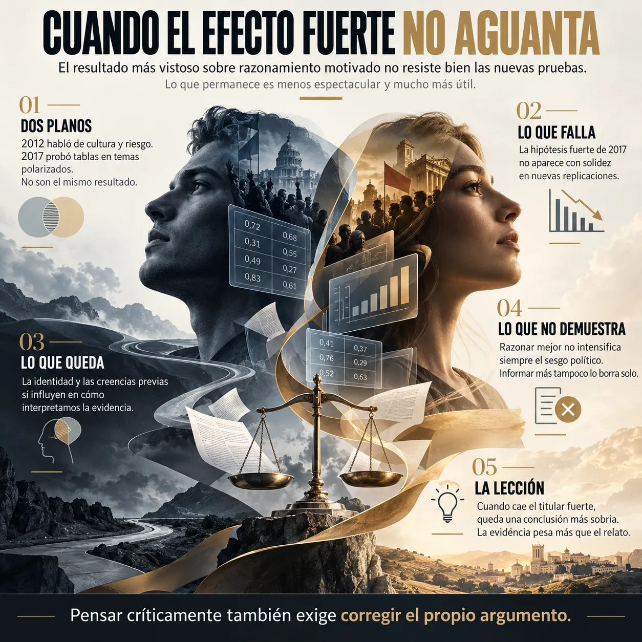 Cuando el efecto fuerte no aguanta Infografía sobre las investigaciones de Dan Kahan acerca del razonamiento políticamente motivado, las diferencias entre sus estudios de 2012 y 2017, las replicaciones posteriores y la influencia de las creencias previas en la interpretación de la evidencia