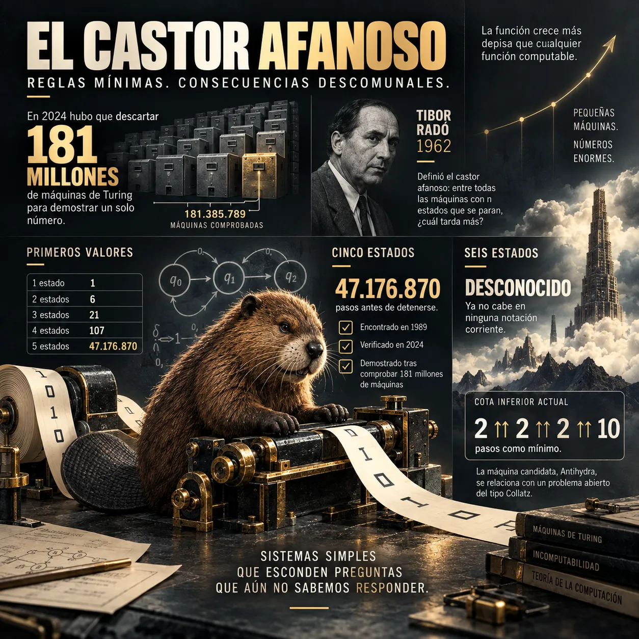 El castor afanoso Infografía sobre la función del castor afanoso de Tibor Radó, el valor de cinco estados determinado en 2024 con 47.176.870 pasos y la cota astronómica del castor de seis estados
