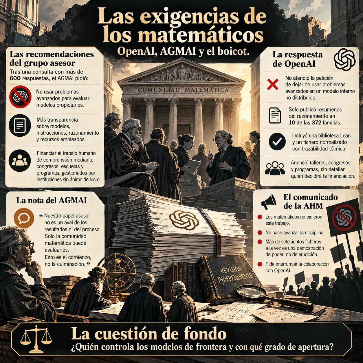 Infografía titulada Las exigencias de los matemáticos, OpenAI, AGMAI y el boicot. Resume las recomendaciones del grupo asesor AGMAI tras una consulta con más de 600 respuestas, que incluyen no utilizar problemas avanzados para evaluar modelos propietarios, publicar más información sobre métodos y recursos, y financiar el trabajo humano de comprensión matemática. Contrasta esas demandas con la respuesta de OpenAI, sus resúmenes para 10 de las 372 familias y la publicación de materiales Lean, e incorpora la nota del AGMAI y el comunicado de la AHM que pide interrumpir la colaboración con OpenAI. Cierra con la cuestión del control y la apertura de los modelos de frontera