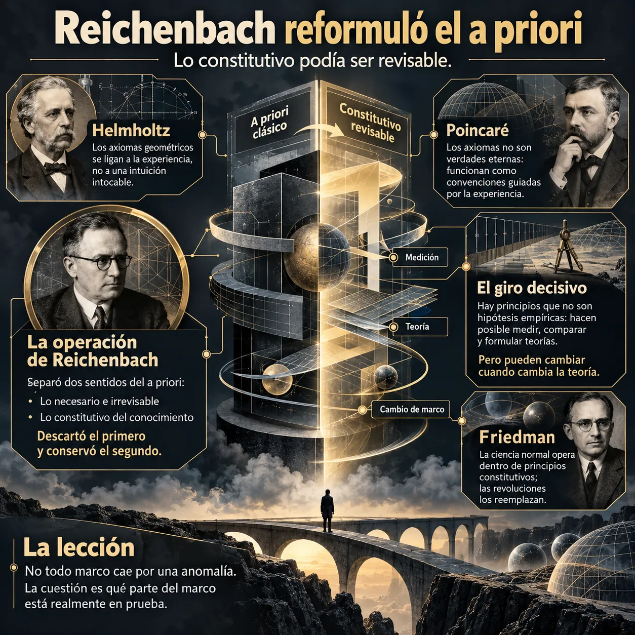 Infografía sobre la reformulación del a priori kantiano, la interpretación empírica de Helmholtz, el convencionalismo de Poincaré, la distinción de Reichenbach entre necesidad y constitución del conocimiento y los marcos científicos revisables de Friedman.