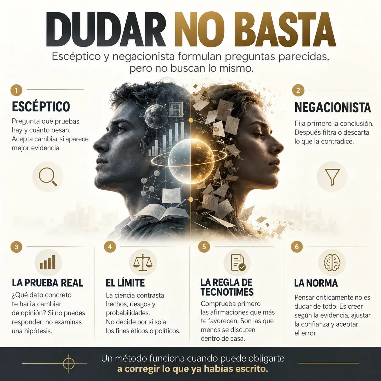 Dudar no basta Infografía sobre las diferencias entre escepticismo científico y negacionismo, la necesidad de evaluar las pruebas y aceptar correcciones, los límites del método científico ante las decisiones éticas y el compromiso editorial de TecnoTimes con la evidencia