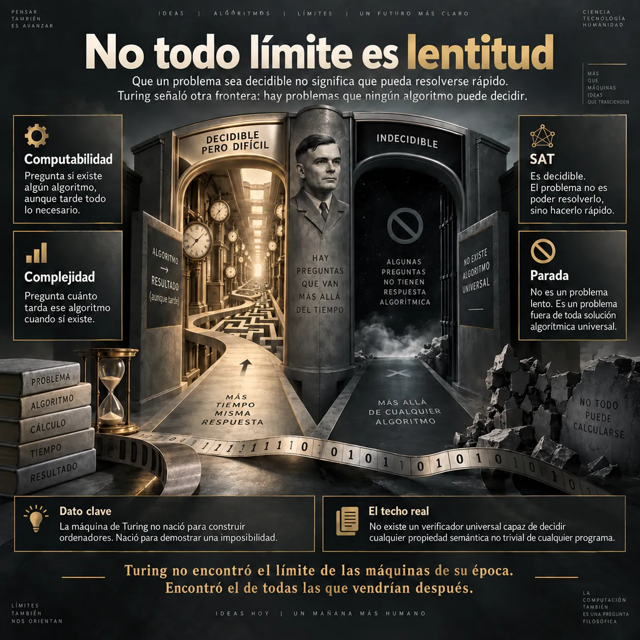Indecidible no es lo mismo que intratable Infografía sobre la diferencia entre computabilidad y complejidad, con el problema de la parada fuera de toda jerarquía y la cuestión abierta de P frente a NP como problema del milenio