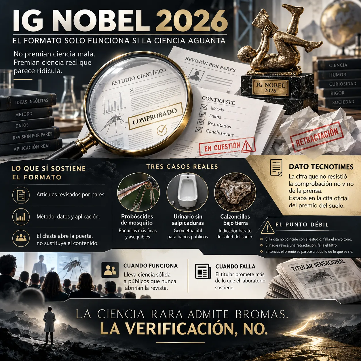 La ciencia rara admite bromas, la verificación no. Infografía de TecnoTimes sobre el rigor científico de los Ig Nobel 2026, los trabajos que resisten la comprobación, los errores detectados y la importancia de verificar las citas y los estudios premiados