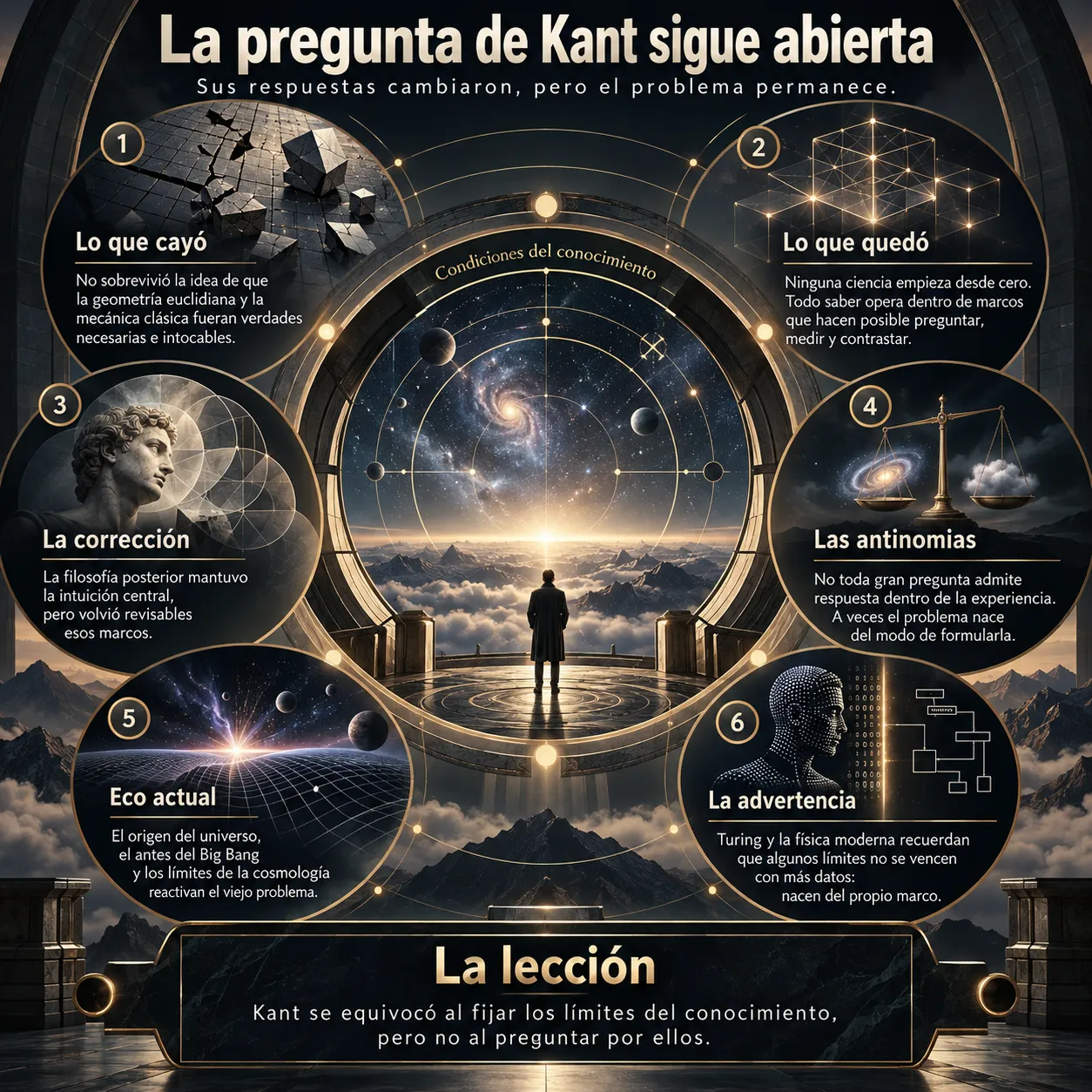 Infografía sobre la vigencia de la pregunta de Kant por los límites del conocimiento, la revisión de sus principios por la ciencia, las antinomias de la razón, los problemas cosmológicos del Big Bang y los límites del cálculo demostrados por Turing.