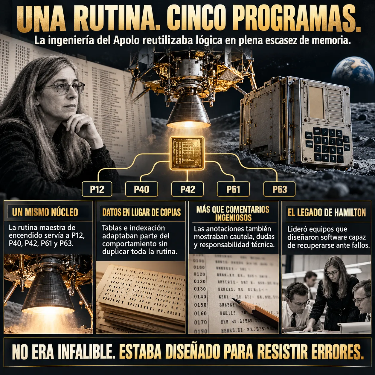 Una rutina de encendido para cinco programas lunares Infografía sobre la reutilización de una rutina maestra de encendido del motor lunar en los programas P12, P40, P42, P61 y P63, mediante tablas e instrucciones de indexación, con referencias a las anotaciones técnicas de los programadores y al liderazgo de Margaret Hamilton en el desarrollo de software preparado para afrontar fallos.