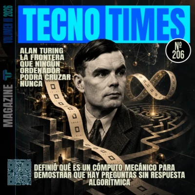 Portada del artículo Nº 206 de TecnoTimes dedicada a Alan Turing y los límites de la computación, con una composición visual sobre la cinta infinita de la máquina de Turing, el problema de la parada, la lógica formal de los años treinta y el software actual que depende de esos límites.