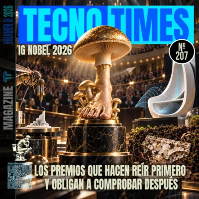 Portada del artículo Nº 207 de TecnoTimes dedicada a los premios Ig Nobel 2026, con una composición visual sobre la ceremonia de Zúrich, el trofeo con forma de seta, las probóscides de mosquito usadas como boquillas de impresión y los calzoncillos enterrados para medir la salud del suelo.
