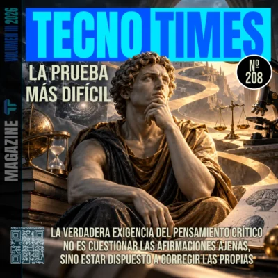 Portada del artículo Nº 208 de TecnoTimes sobre el pensamiento crítico basado en la ciencia, con un pensador clásico rodeado de instrumentos científicos, una lupa, un microscopio, una balanza y representaciones de conocimientos sometidos a examen