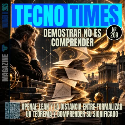 Portada de TecnoTimes Magazine Nº 209 dedicada a las matemáticas generadas por inteligencia artificial. Un pensador contempla una pila de manuscritos con diagramas matemáticos, envueltos por estelas luminosas, junto a un gran símbolo de OpenAI, edificios clásicos, un busto y una balanza.
