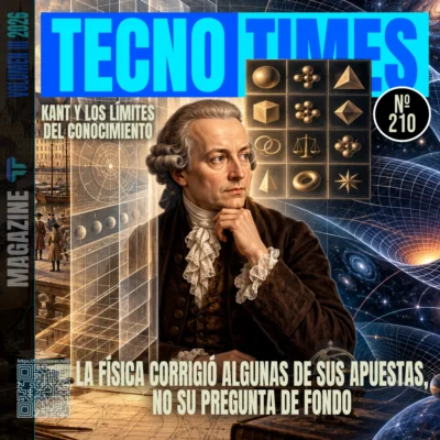 Portada del artículo Nº 210 de TecnoTimes dedicada a Immanuel Kant y a los límites del conocimiento, con una composición visual sobre la Crítica de la razón pura, el espacio y el tiempo, las categorías del entendimiento y la revisión posterior de la geometría clásica por la física moderna