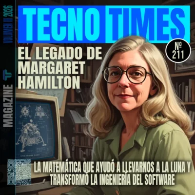 Portada del artículo Nº 211 de TecnoTimes dedicada al legado de Margaret Hamilton. Una ilustración de estilo novela gráfica muestra a la pionera de la ingeniería del software con gafas de pasta negras, cabello rubio y camisa verde oliva, junto a un antiguo monitor que presenta sobre fondo azul un plano técnico del módulo lunar Eagle del Apolo 11. Detrás aparecen libros y documentación técnica. La portada incorpora el titular «El legado de Margaret Hamilton» y el subtítulo «La matemática que ayudó a llevarnos a la Luna y transformó la ingeniería del software».